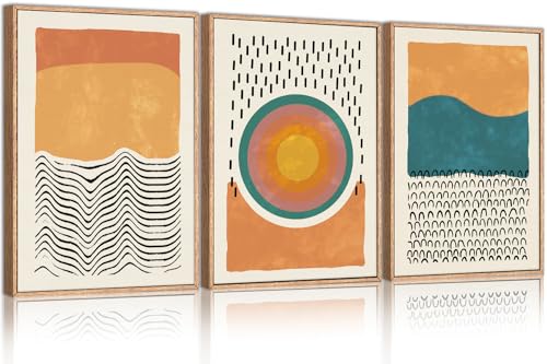 HPINUB Boho Abstract Framed Canvas Prints Wall Art Set, Mid-Century