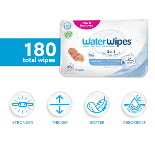 Image of WaterWipes (Made in Ireland) Baby wipes, 3 pack (180 wipes), For sensitive skin, World's Purest Wipes (Imported), Just 2 ingredients, Certified by Allergy UK and Eczema association