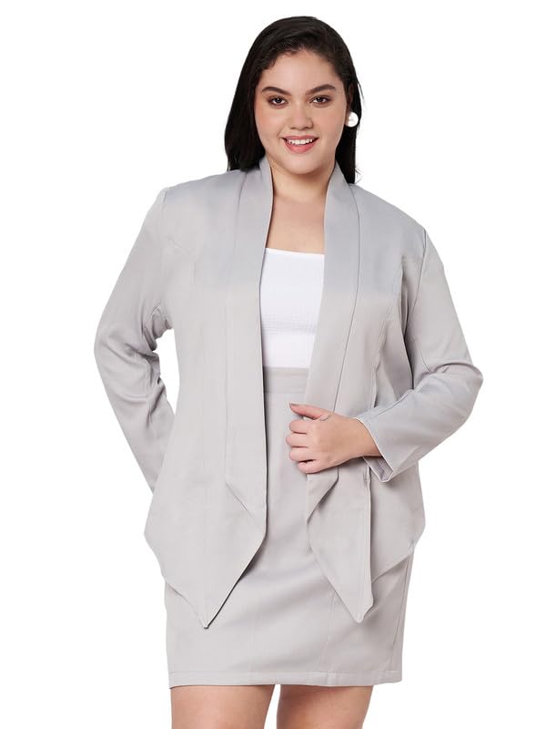 Plus Size Shawl Collar Blazer with Skirt Suit Set(Grey)