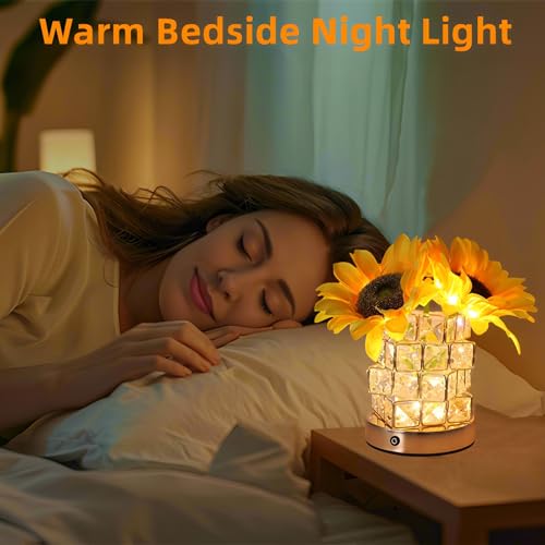 Image of Sunflowers Flower Lamp Cordless Touch Night Light Birthday Gifts for Women | Rechargeable Small Bedside Lamp,3-Colour Stepless Dimming Crystal Flower Table Lamps for Living Room Bedroom Decor Gift