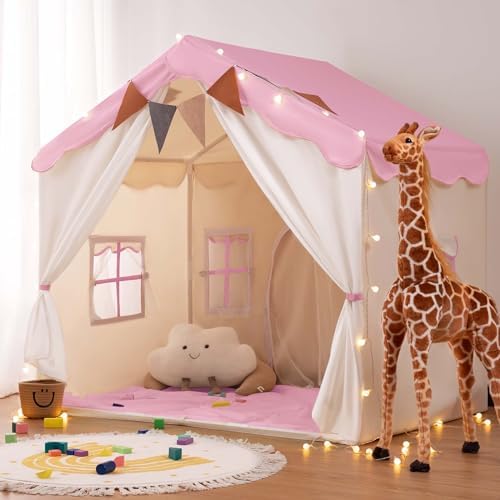 besrey 2-in-1 Kinderzelt Indoor, Spielzelt für Mädchen ab 3 Jahren -Pink | Großes Spielzelt 130×90×130 cm, gemütlicher Rückzugsort, Kinder Bettzelt, Kinderzimmer Geschenk