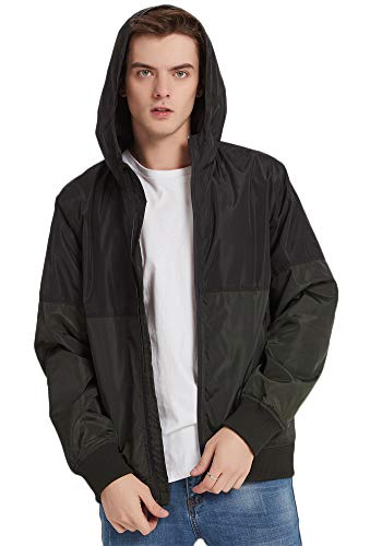 MADHERO Mens Lightweight Windbreaker Water-Resistant Hooded Wind Breaker Jacket Black Army Size 2XL