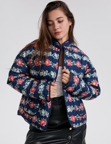 Women's Cropped Puffer Quilted Jacket Lightweight Long Sleeve Padded Floral Print Puffy Cardigan Outwear Coat4