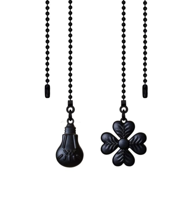 Image of Ceiling Fan Pull Chain Set, 2 Pcs Bulb and four-leaf Pattern Pull Chain Extension Fan Pull Chain Pendant 12 Inch Ceiling Fan Chain Extender (Black)