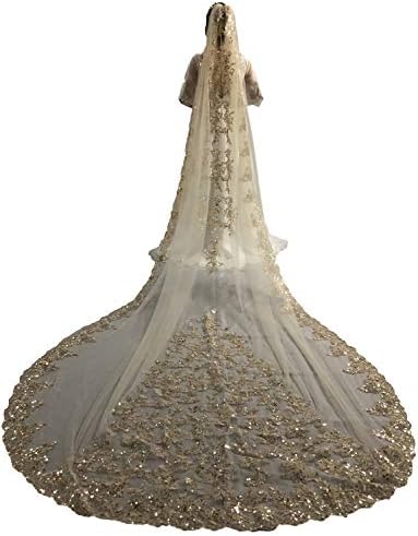 FAIOKAVER Faithclover Wedding Veils Cathedral Length 1 Tier Sequins Lace Applique with Comb