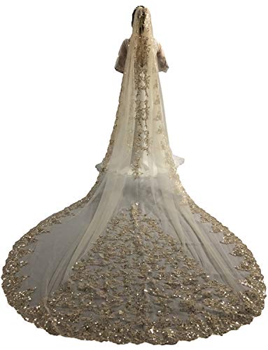 Faiokaver Faithclover Wedding Veils Cathedral Length 1 Tier Sequins Lace Applique With Comb #TOP14