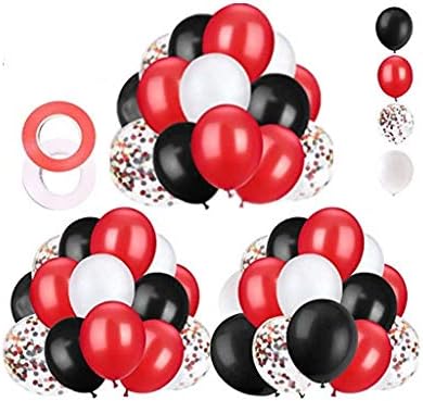 GuassLee 62 Pieces Black Red Confetti Balloons Kit - 12 Inches Black Red White Confetti Balloons with Balloon Ribbon for Baby Shower Birthday Quinceanera Graduation Party Decorations Supplies