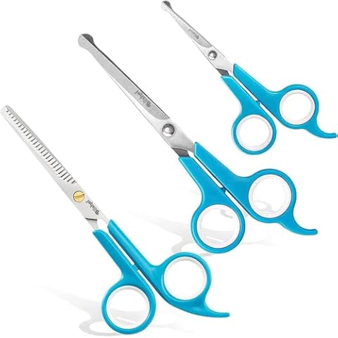 BOSHEL 3 Pc Dog Grooming Scissors Kit - 7" Scissor For Body Hair Trimming, 6" Small Micro-serrated Scissor For Face, Ear, & Paws, Thinning Shears For Dogs - Professional Dog Grooming Kit For Cat & Pet Cover
