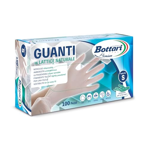 Bottari Guanti in Lattice Monouso con Talco, Confezione da 100 Pezzi, Taglia S, Resistenti e Comodi