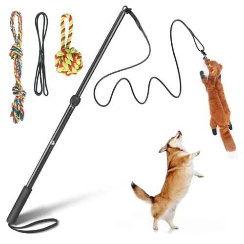 YILAKO Flirt Pole for Dogs Heavy Duty Aluminum Training Teaser with 3 Replaceable Tails Outdoor Agility & Exercise Equipment for Small to Large Breeds 32.2 Extendable