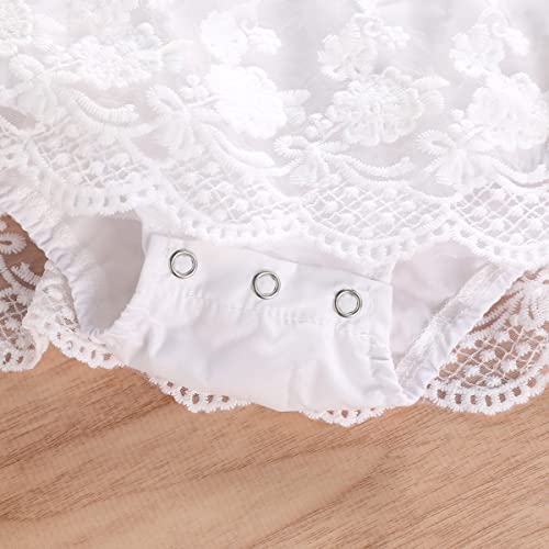 Newborn Floral Lace Tutu Romper Ruffle Backless Jumpsuit Baby Girls Embroidered Floral Lace Romper Tulle Dress + Flower Headband 2Pcs Boho Set Birthday Party Summer Outfit White-Ruffle 0-3 Months #TOP5