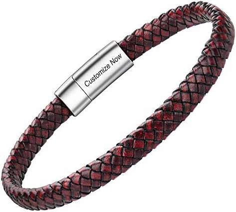 Mens Leather Bracelet  Classic Handmade Braided Black & Brown Cuff Bracelet with Engraved Magnetic Clasp Free Jewelry Gift Boxed
