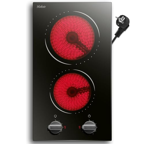 Plaque Vitrocéramique 2 Feux, Hobsir Plaque de Cuisson Vitrocéramique, 3000W, 29cm, 9 Niveaux de Puissance, Bouton de Commande, Fil Dur, Pas de Prise