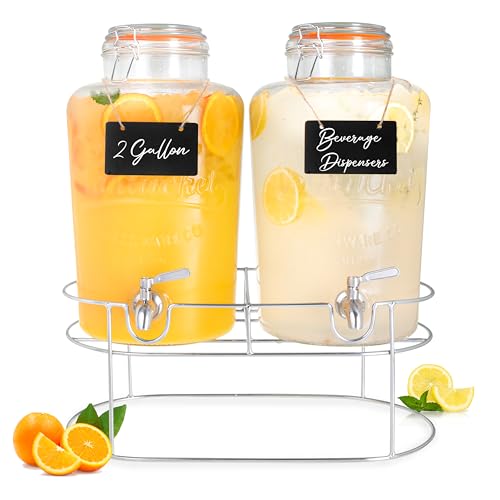 Ilyapa 2 pack 2 Gallon Glass Beverage Dispenser with Stand- Wide Mouth Mason Jar Drink Dispensers with Spigot - Leak Proof Glass Flip Top Lid by Ilyapa - Used condition - US$56.99