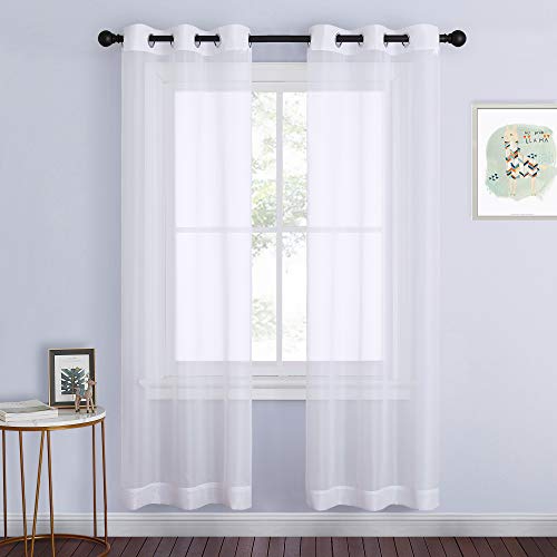 Image of NICETOWN White Sheer Curtains 72 inches Long - Silver Eyelet Top Light Filtering Window Drapes Airy & Breathable Living Room Voile Panels for Flat /Apartment, 74 inch W Total 2 Pieces
