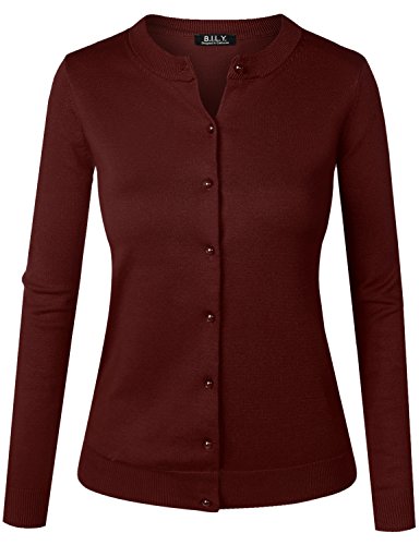 BH B.I.L.Y USA Women's Unique Button Long Sleeve Soft Knit Cardigan Sweater Burgundy
