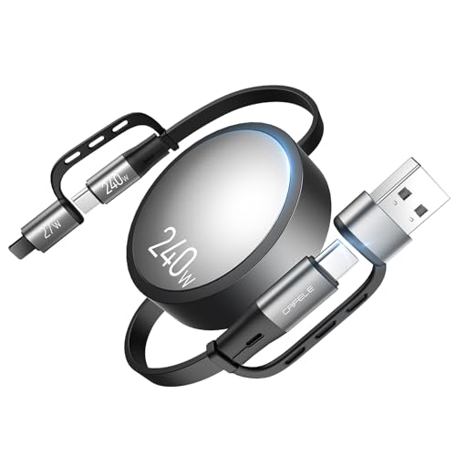 CAFELE Retractable Charging Cable, 240W Multi Charging Cable with USB C to L/Type C 5A Fast Charging Fast Charger Cable 4 in 1 with 4.3FT Adjustable Length, Multi-Port Cord for Laptop, Phone (Grey)