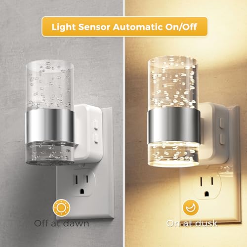Image of L LOHAS LED Night Lights Plug into Wall 2 Pack, Dimmable Night Light with Dusk-to-Dawn Sensor, Soft White /Cool White /Amber 3 Color Light, Adjustable Brightness, Rotatable Plug, Bubble Nightlight