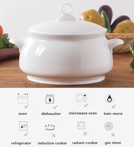 Zuppiera in ceramica, per feste in casa, cene in famiglia, 70 once, forno a microonde e cassaforte, bianco, con coperchio e manici, ciotole da portata in porcellana di grande capacità da 2,5 l con