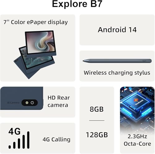 Image of Bigme B7 7'' Color ePaper Tablet eReader with 4G Calling, 8GB RAM, 128GB Storage, BT 5.0, WiFi - Blue (2025 Model)