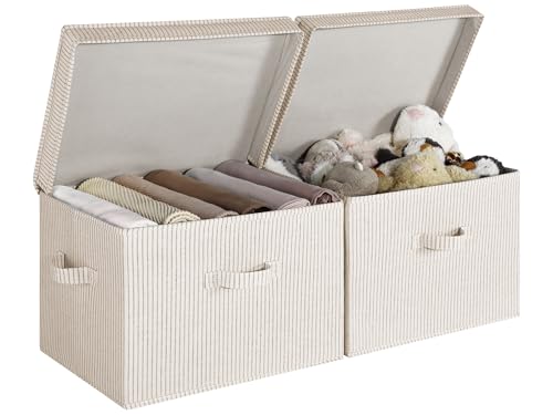 Image of StorageWorks Fabric Storage Bins with Lid, Decorative Storage Boxes for Shelves, Stackable Closet Organizer Basket with Handles, Jumbo, Khaki and Beige Stripes, 2-Pack