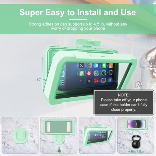 Image of URROY Shower Phone Holder Waterproof, 360 Rotation Shower Phone Case, Anti-Fog High Sensitivity Universal Cover Mount Stand for Bathroom Wall Mirror Bathtub Kitchen, Gift for Men Women New Mint