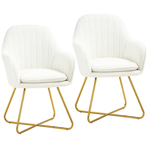 HOMCOM Modern Dining Chair Set of 2, Sherpa Fleece Armchair with Padded Seat, Occasional Bedroom Chair with Cross Steel Legs for Living Room, Cream White