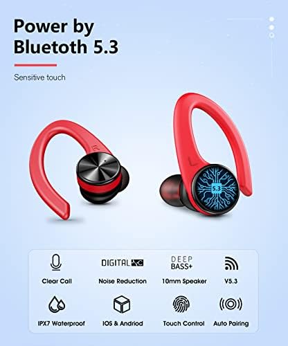 Wireless Earbuds, Bluetooth Headphones with Deep Bass, Bluetooth 5.3 Earphones with LED Display, 45H playtime, IPX7 Waterproof, Touch Control, Over Ear Earphones for Running Workout Sports Gym Red