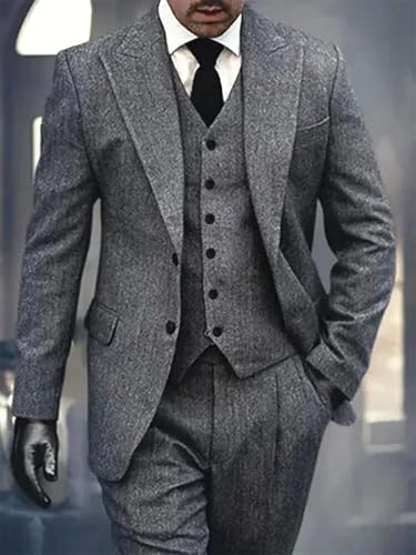 Mens 3 Piece Suits Slim Fit Tweed Herringbone Suit Groom Wedding Prom Tuxedos Set2