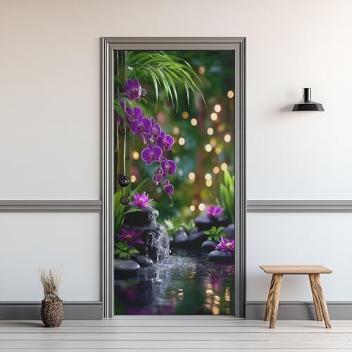 Stickers Porte Orchidées Violettes Pierres Noires en Bambou Vert, Sticker Porte Zen Spa, Autocollant Décoration Auto-adhésif Amovible PVC Impermé, Papier...