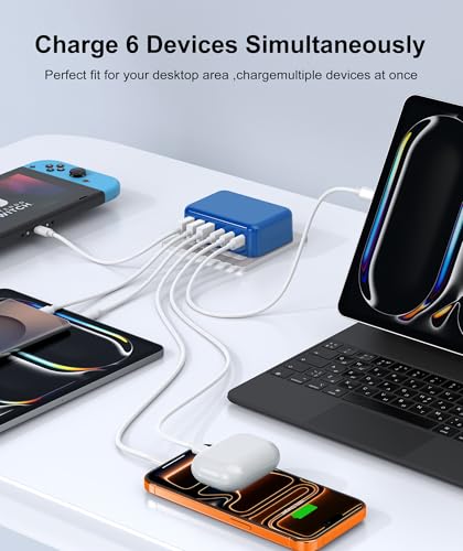 Image of Fast Charger Block USB C, GaN 6 Port Charging Station Hub Cube, 100W Multiport Type C Wall Charger Power Strip Plug with PD 3.0+QC for iPhone 16 15 14 13 12 1 Pro Max XR XS 8 7, Samsung, iPad, Table