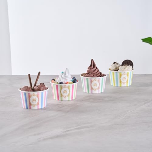 Image of Coppetta 8 Ounce Dessert Cups, 50 Greaseproof Ice Cream Cups - Lids Sold Separately, For Hot And Cold Foods, Green And Pink Stripe Paper Yogurt Bowls, Disposable, Sturdy - Restaurantware