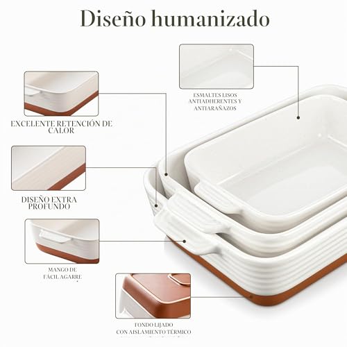 Miniatura 5 de Malacasa Serie Tara, Set De 3 Fuentes De Horno De Gres Con Asas, 3800ml, 2700ml Y 1450ml, Ideal Para Lasañas, Gratinados, Asados Y Verduras Al Horno, Blanco Vainilla Con Esmalte De Sésamo Y Caqui