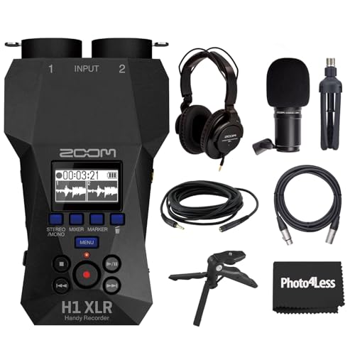Zoom Grabadora práctica XLR H1, paquete con micrófono Zoom ZDM 1 Podcast con auriculares, parabrisas, cable XLR y soporte de mesa, y trípode de mesa