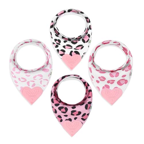 Image of Pickle & Olive - Baby Bandana Girl Teething Bibs with Attached Silicone Teether - Set Of 4 -Leopard