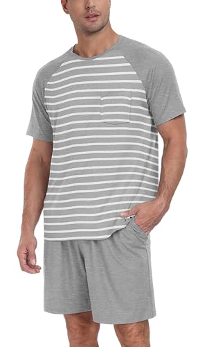 PrinStory Men's Pajama Set Sleepwear Pjs Lightweight Short Sleeve Crewneck Shirts and Shorts Soft Comfy Sleep Sets Light Gray Stripe XL