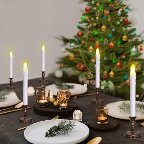 Image of 12 Pack Flameless LED Window Candles with Drip Texture, Removable Candle Holders, 24 AAA Batteries, Daily Timer, ON /Off Remote, 12 Window Suction Cups, Christmas Home Wedding Decor (Brown)