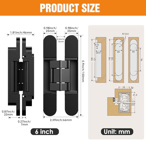 Lipshome 6" Hidden Door Hinge/Concealed Hinges,Invisible Hinges,Invisible Door Silent 180 Degree Swing Hinge 3-Way Adjustable Butt 6 x 2.5 x 1inch (Pack of 2) (Black)