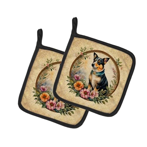 Caroline's Treasures Lancashire Heeler and Flowers Pair of Pot Holders Kitchen Heat Resistant Pot Holders Sets Oven Hot Pads for Cooking Baking BBQ, 7 1/2 x 7 1/2