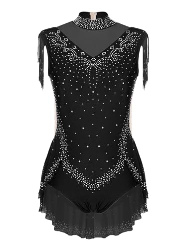 iiniim Mädchen Turnanzug Ärmellos Gymnastikanzug Glitzer Eiskunstlauf Body mit Fransen Kleid Ballerina Latein Tanzkleid Wettbewerb Tanzkostüm Schwarz 170-176
