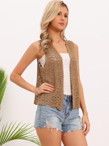 Image of Allegra K Women's Floral Crochet Hollow Out Sleeveless Open Front Boho Vest Cardigan