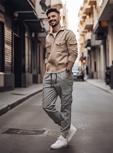 Italymorn Men's Chino Jogger Cargo Pants Bellow Pockets (S, Stone Grey) #TOP3