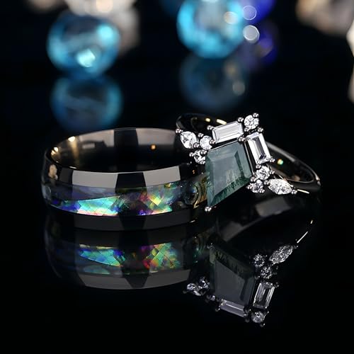 Moss Agate Woman's Ring - Custom Wedding Ring Sets - Couples Engagement Rings - Promise Ring for Her - Shell Rainbow Vein - Rings Stainless Steel2