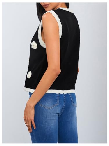 Image of MakeMeChic Women's 3D Floral Pearls Crochet V Neck Button Down Sleeveless Sweater Vintage Vest Knitwear Black Small