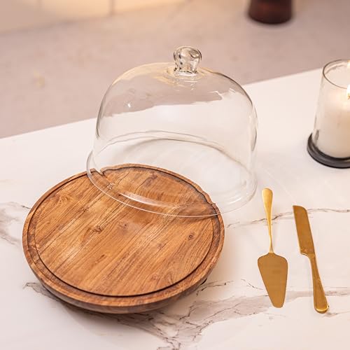 Image of Parstry Pod Acacia Wood cake Stand with Glass Dome | Wooden Cake Plate | Dessert Cupcake Pastry Display Stand | Round Cake Holder Serving Stand