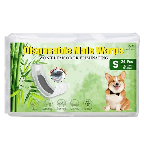 Flying Paws Pañales Desechables para Perros machos, S-24 con carbón Activado, neutralización de olores, pañales Suaves y Transpirables, Pantalones para incontinencia para Cachorros, S-24 Unidades