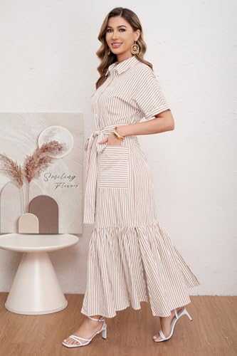 Image of utcoco Women's 2026 Summer Casual Striped Button Down Maxi Dress Tie Waist Short Sleeve Shirt Dress with Pockets