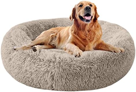 TUAKIMCE Cosy Donut Dog Bed Medium Washable, Fluffy Plush Round Donut Calming Dog Bed Cuddler Kennel Snuggle Pet Cushion Sofa Bed Medium Large Dog, Anti-Slip Bottom (Ø 80 cm, Grey)