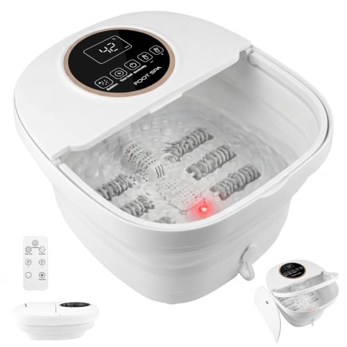 PUTINEI Masajeador de Pies con Agua Plegable,Masajeador de Pies con Calefacción, ControlRemoto, Burbujas, Piedra Pómez, 24 Temperatura，6 Temporizador, 6 Rodillos, Luz Roja