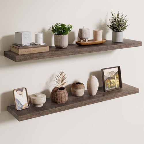 Image of Floating Shelves for Wall, 40in Reclaimed Elm Wood Shelves, Walnut, 2PCs
